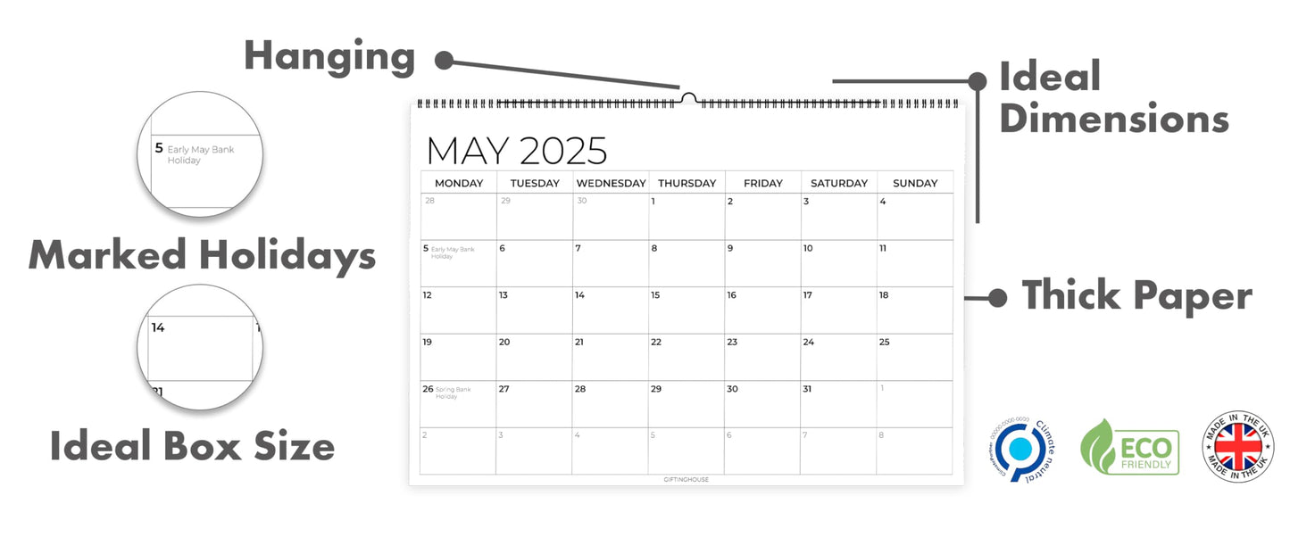 Wall Calendar 2025 - A4 2025 Calendar UK Month-to-View (Jan - Dec 2025) - Twin-Wire Binding, Hanging Hook - For Family planner, Office, Student - Made in the UK