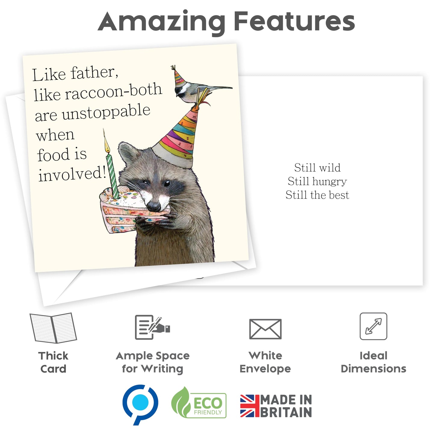 Funny Fathers Day Card from Daughter or Son – Like Father, Like Raccoon – Humorous Dad Birthday Card – 15x15cm Size with Inside Message – Made in the UK