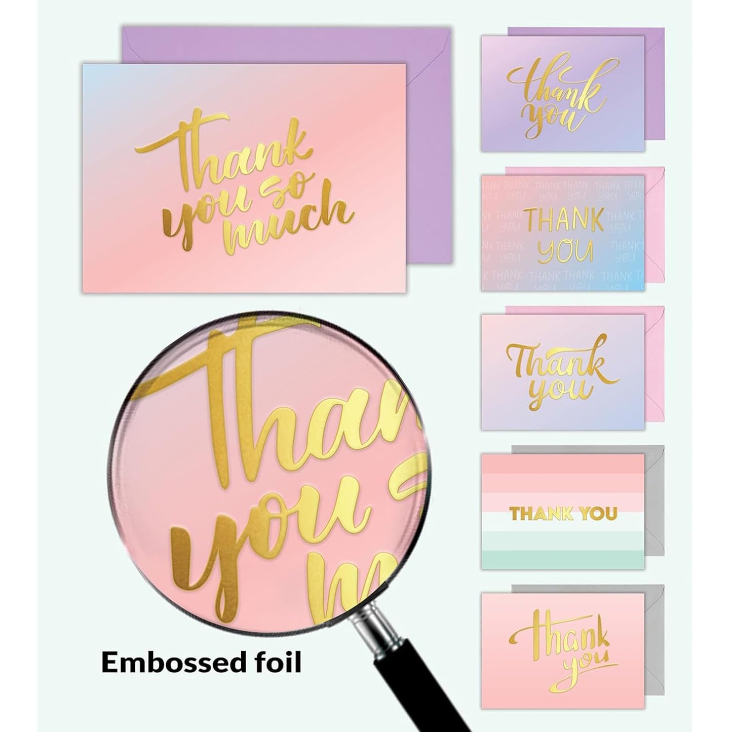 Giftinghouse 3D Foil Thank You Cards Multipack with Envelopes - Embossed Foil Greeting Cards for Wedding, Kids, Teachers, Notes and Gifts (48 PACKS)