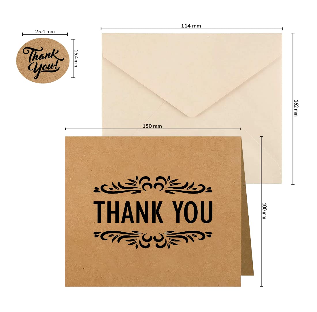 24/36 Thank You Cards Foiled Pack, Thank You Cards Multipack with envelopes and stickers for Christmas, Kids, Weddings, Graduation, Ivory coloured Paper envelopes, Kraft greeting cards are 150 X 100mm by Giftinghouse.