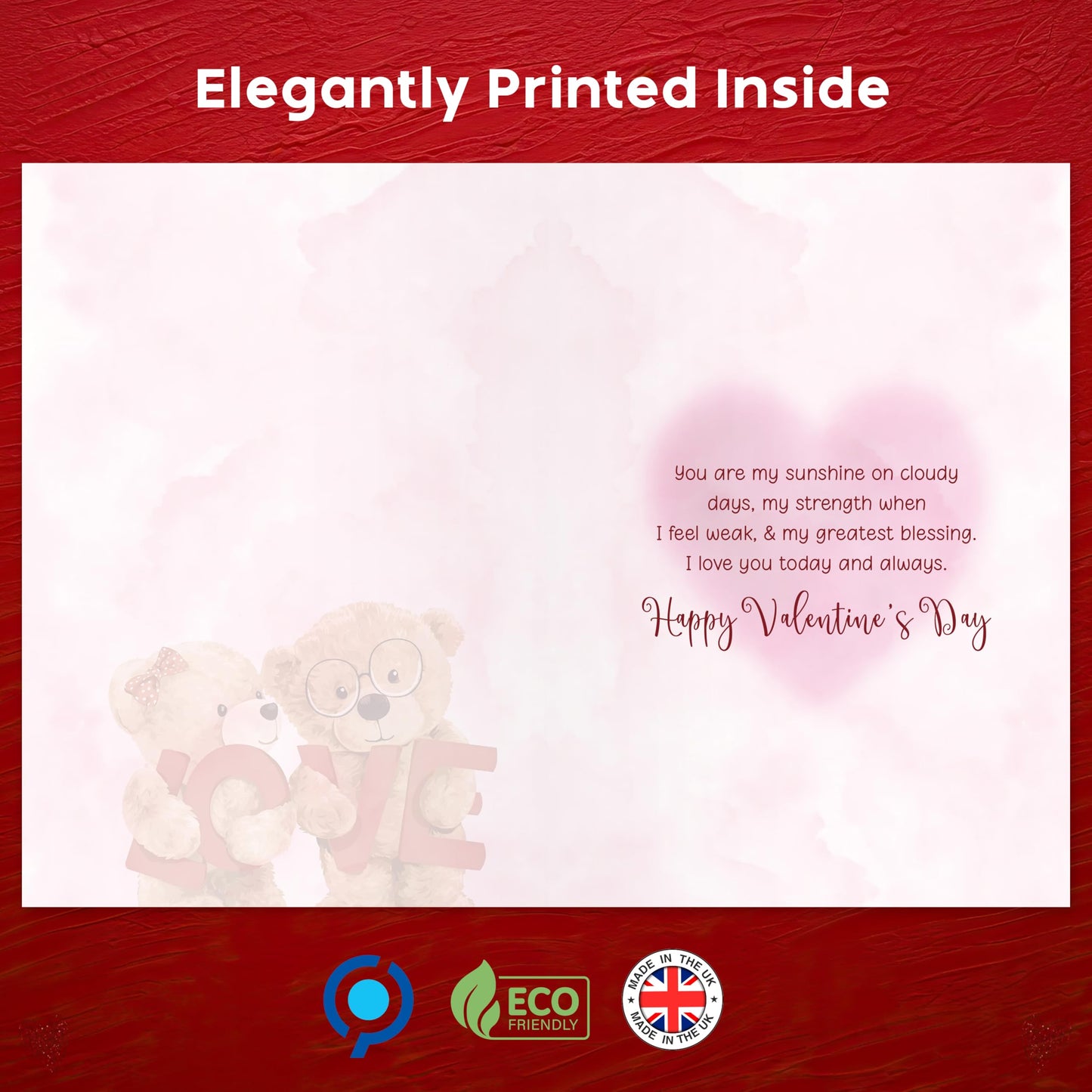 Happy Valentines Day Card – Cute Teddy Bear Design with Romantic Message – Red Foil Large Size card 22 x 15.5 cm – Valentines Card Wife, Valentines Card for Him, Her, Husband, or Fiancé – Premium 350