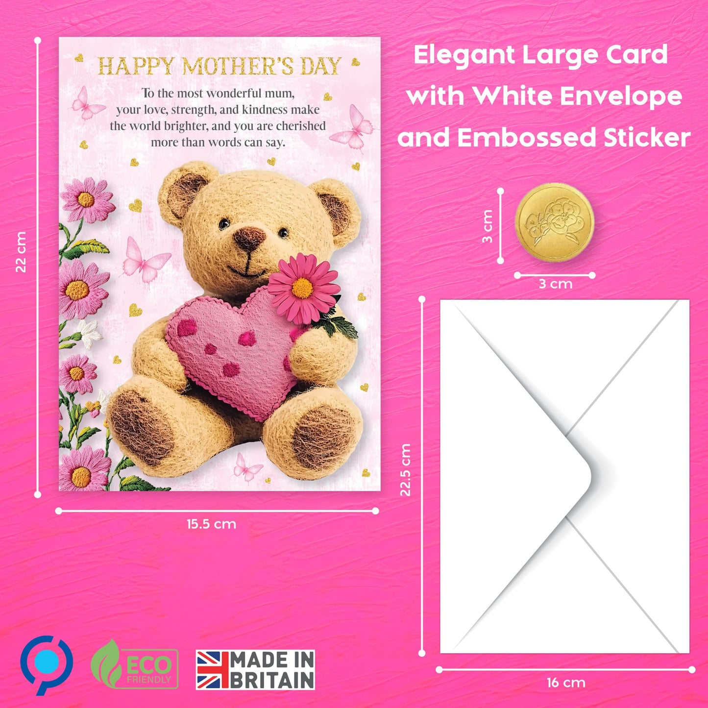Mothers Day Card for Mum | Gold Foil Cute Teddy Bear Design with Pink Heart | Embossed Sticker & Envelope | Happy Mother’s Day Card from Daughter or Son | 22x15.5 cm | Eco-Friendly 350 GSM