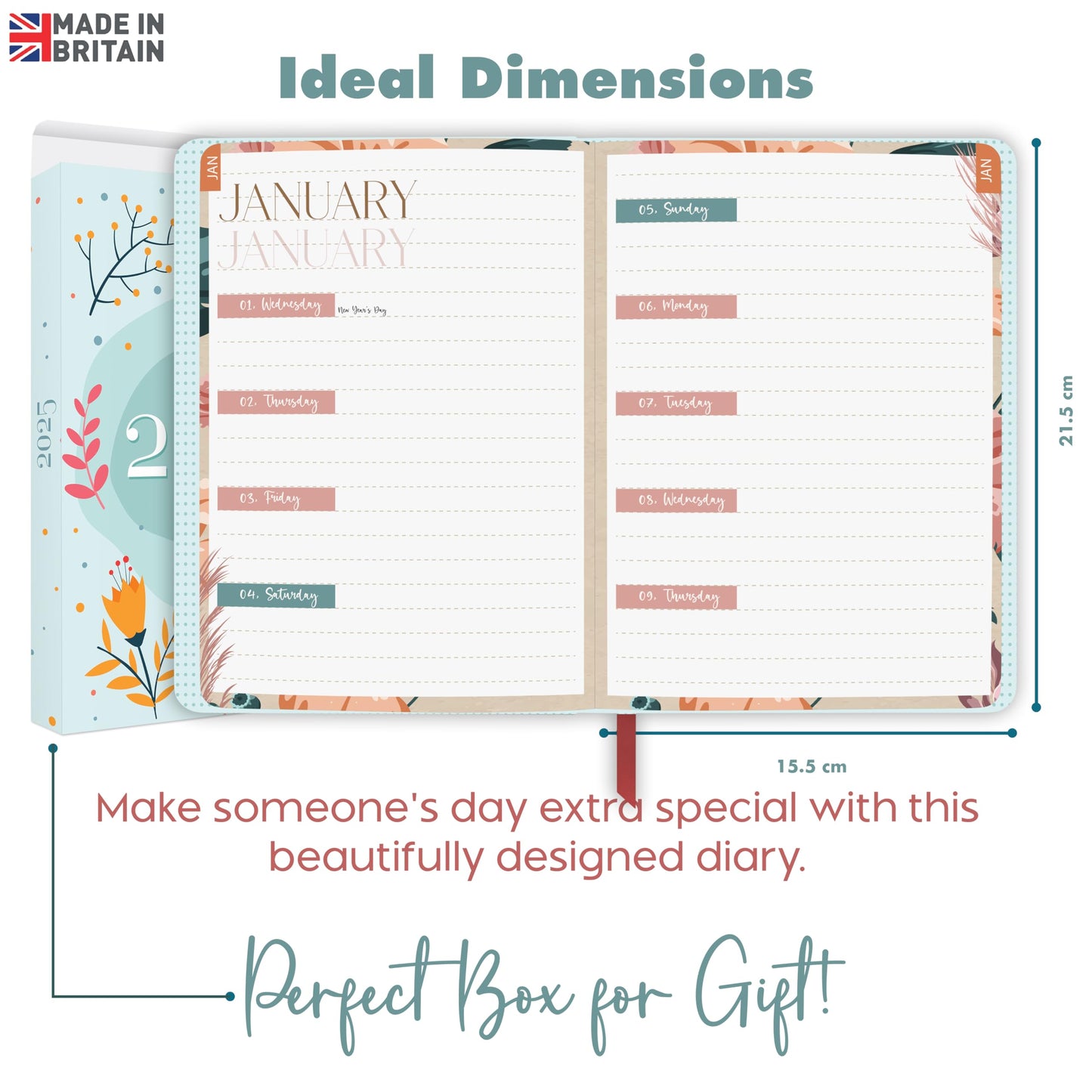 Giftinghouse 2025 Diary A5 Week to View – Glossy Front Round Corners From Jan to Dec 2025 - Diary 2025 with Matching Box - Floral Design, Pocket and Pen Loop. - 15.5 x 21.5 cm