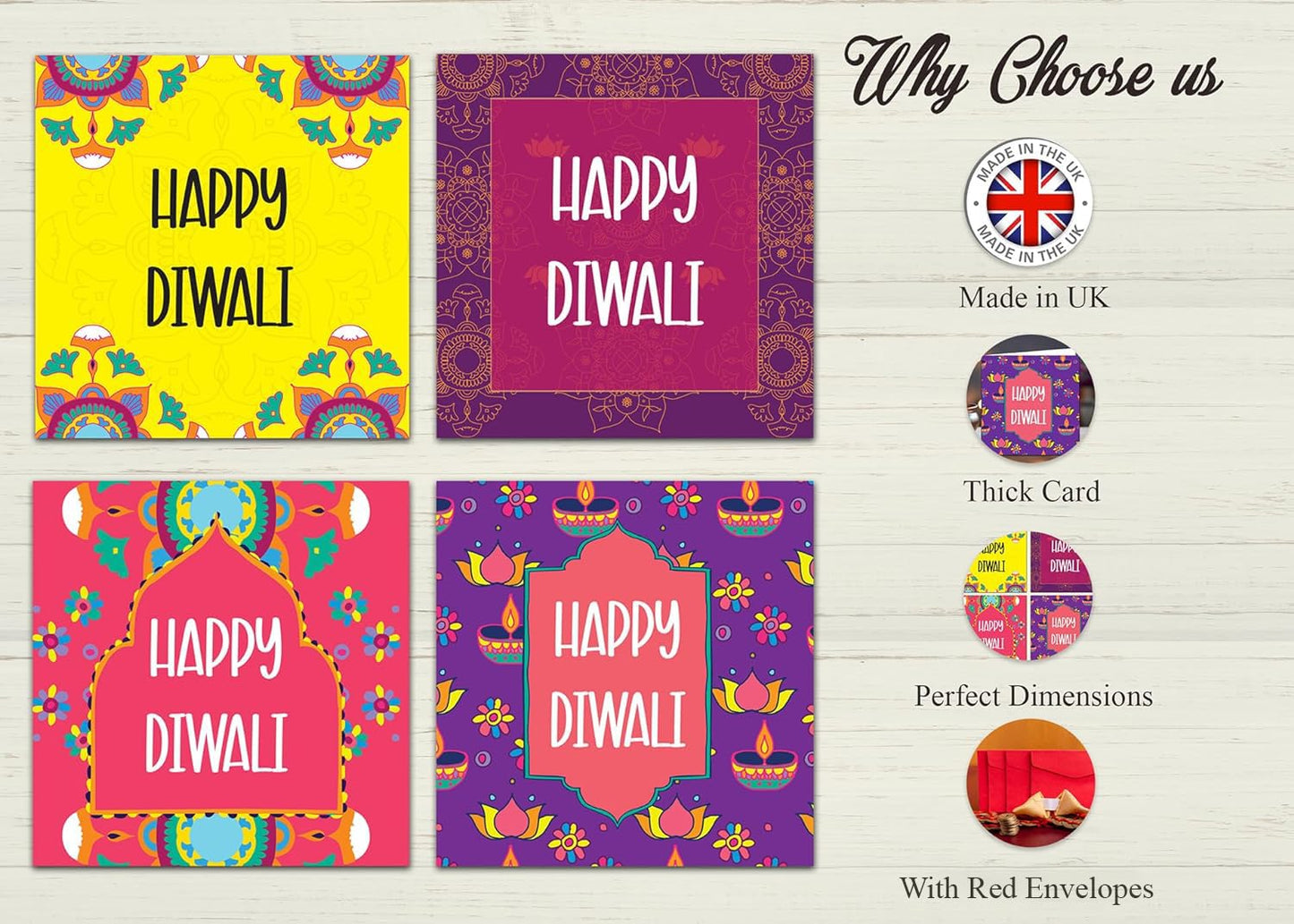Giftinghouse Premium Diwali Cards 8/16 Multipack with Envelopes - Happy Diwali Cards ā Eco-friendly Greeting Cards with Red Envelopes for decorations, family, friends
