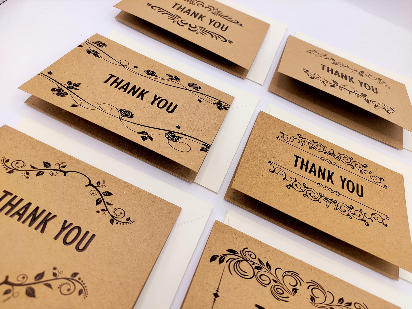 24/36 Thank You Cards Foiled Pack, Thank You Cards Multipack with envelopes and stickers for Christmas, Kids, Weddings, Graduation, Ivory coloured Paper envelopes, Kraft greeting cards are 150 X 100mm by Giftinghouse.