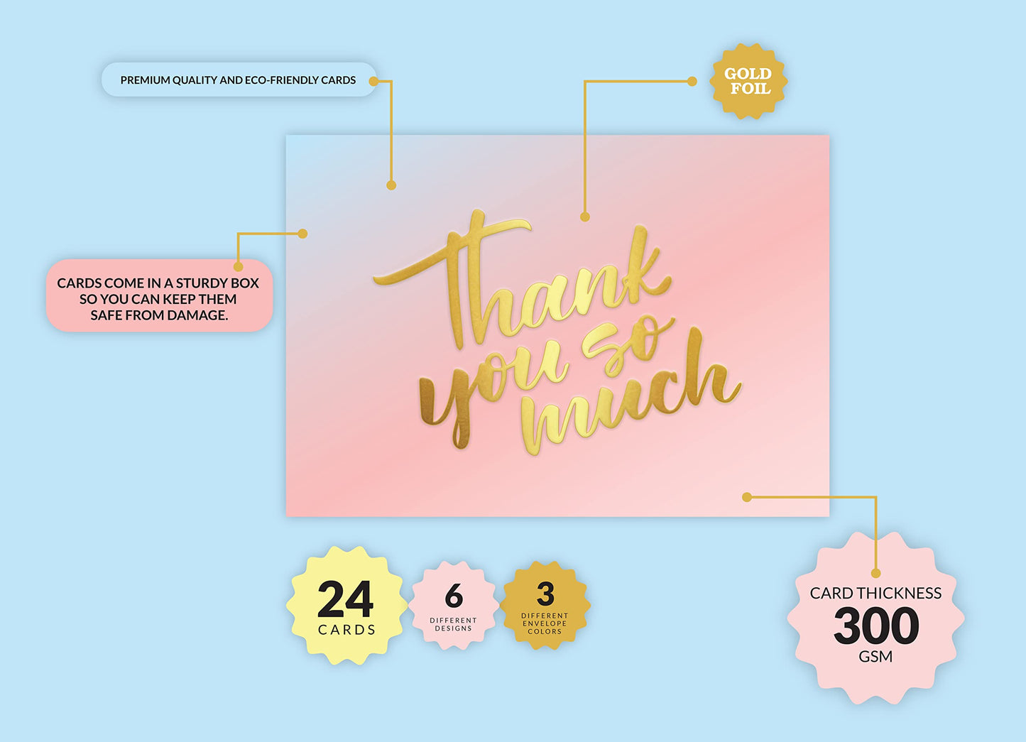 Giftinghouse 3D Foil Thank You Cards Multipack with Envelopes - Embossed Foil Greeting Cards for Wedding, Kids, Teachers, Notes and Gifts (48 PACKS)