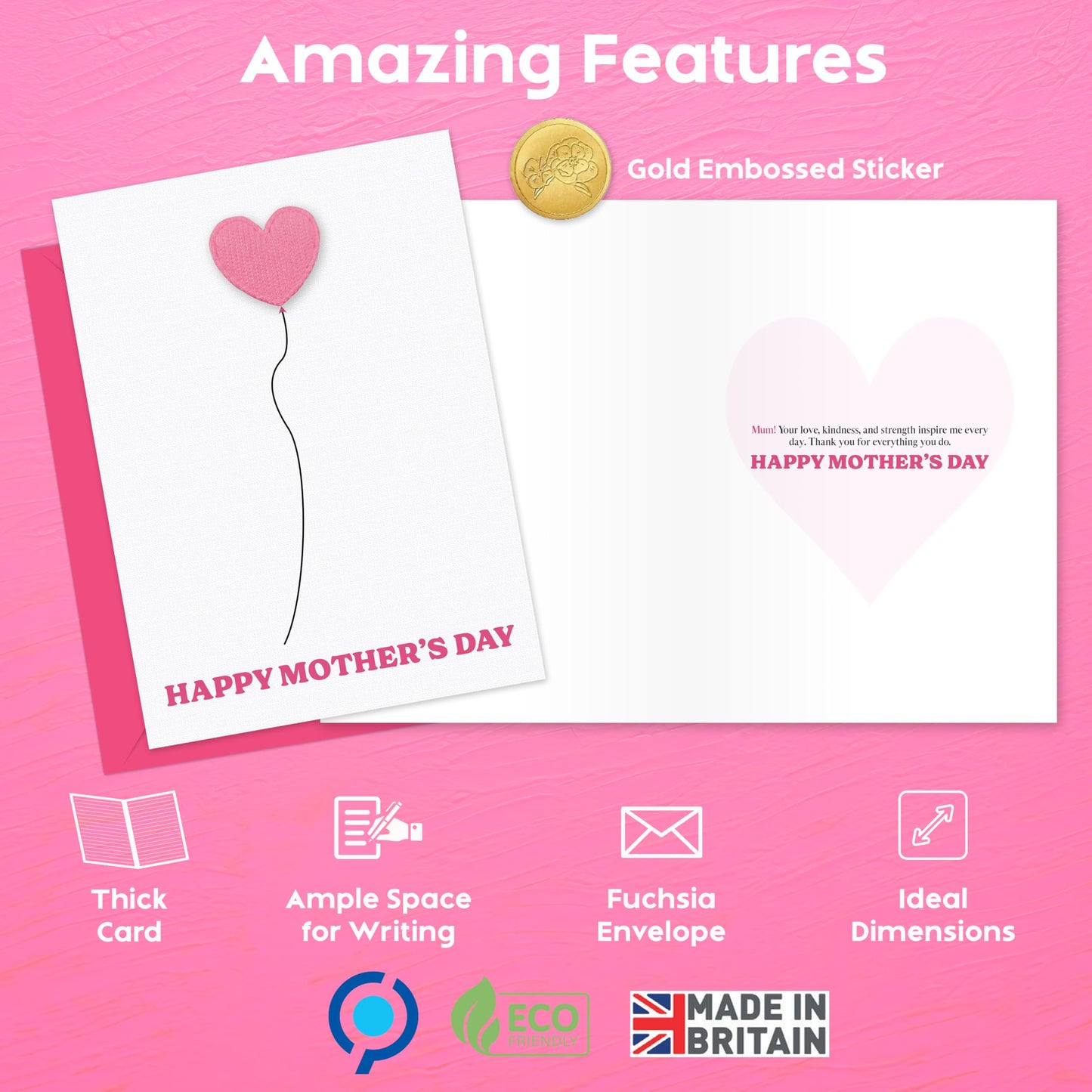 3D Mothers Day Card for Mum | Pink Padded Heart with Embossed Sticker & Pink Envelope | Happy Mother's Day Card from Daughter or Son | 18x13 cm ā Eco-Friendly 350 GSM - Made in the UK