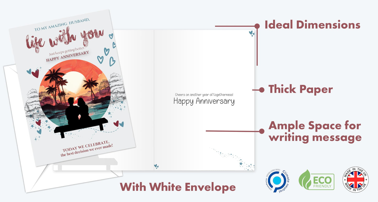 Happy Anniversary Card for Husband with Envelope, Traditional Design Husband Anniversary Card from Wife, Eco-friendly Wedding Anniversary Card for him - Made in UK