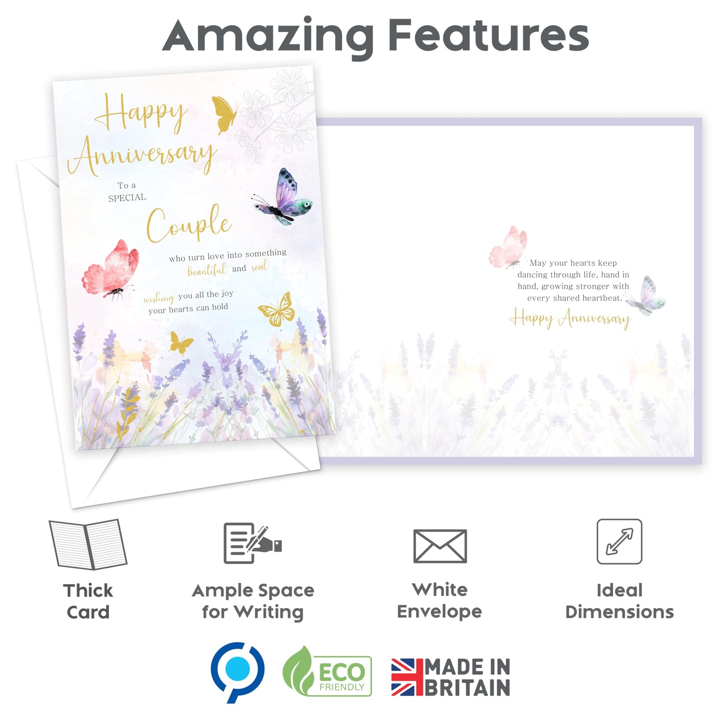 Happy Anniversary Card for Couple – Elegant Gold Foil Butterfly Design with Sticker – Large 22 x 15.5 cm with Inside Message – Wedding Anniversary Card for a Special Couple – Made in the UK