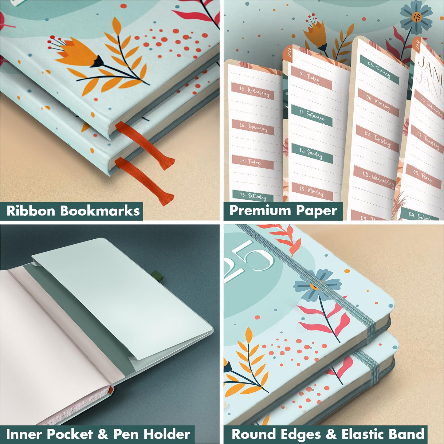Giftinghouse 2025 Diary A5 Week to View – Glossy Front Round Corners From Jan to Dec 2025 - Diary 2025 with Matching Box - Floral Design, Pocket and Pen Loop. - 15.5 x 21.5 cm