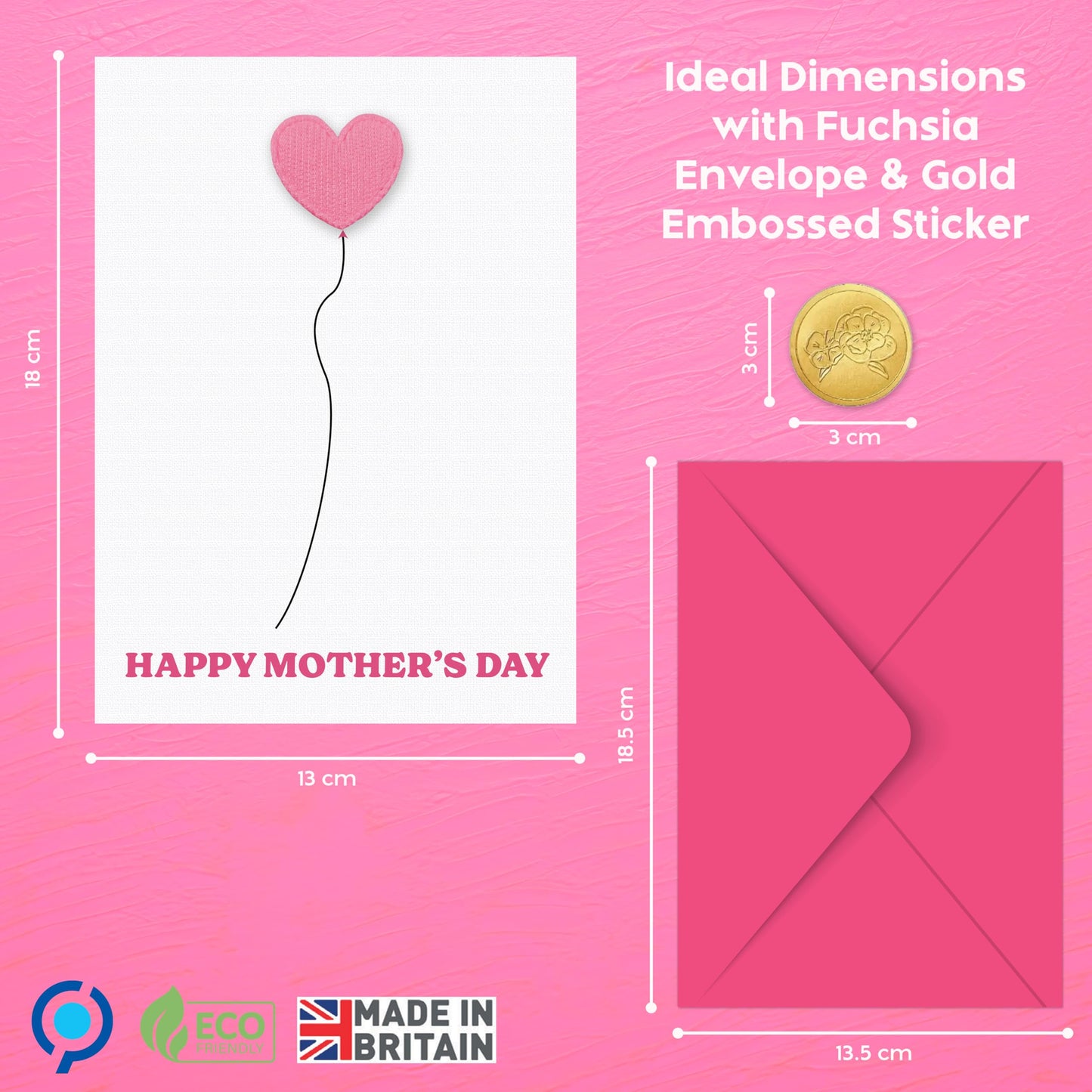 3D Mothers Day Card for Mum | Pink Padded Heart with Embossed Sticker & Pink Envelope | Happy Mother's Day Card from Daughter or Son | 18x13 cm ā Eco-Friendly 350 GSM - Made in the UK