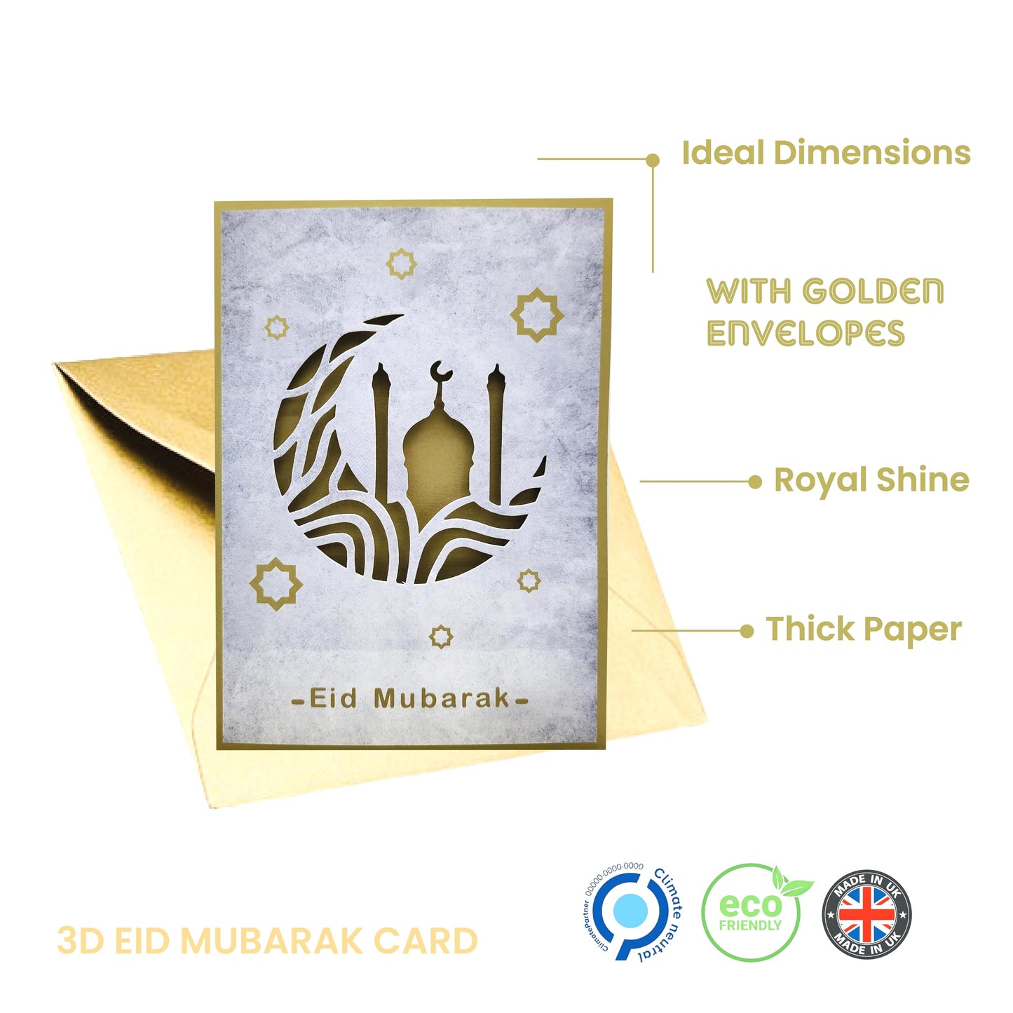 Premium 3D Eid Mubarak Cards Multipack with Golden Envelopes - Pack of 6/12 ā 3D Design Eid Cards Multipack - Happy Eid Mubarak Card for kids and Family, Eco Friendly Greetings Cards