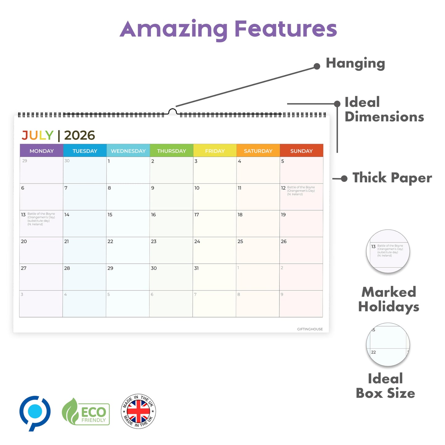 18 Month Calendar 2025-2026 – A4 Wall Calendar UK (29.7 x 21 cm) – From July 2025 to December 2026 – Month-to-View Planner with Blank Notes Pages for Each Month – Ideal for Family, Office, Students