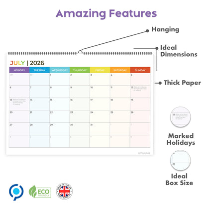 18 Month Calendar 2025-2026 – A4 Wall Calendar UK (29.7 x 21 cm) – From July 2025 to December 2026 – Month-to-View Planner with Blank Notes Pages for Each Month – Ideal for Family, Office, Students