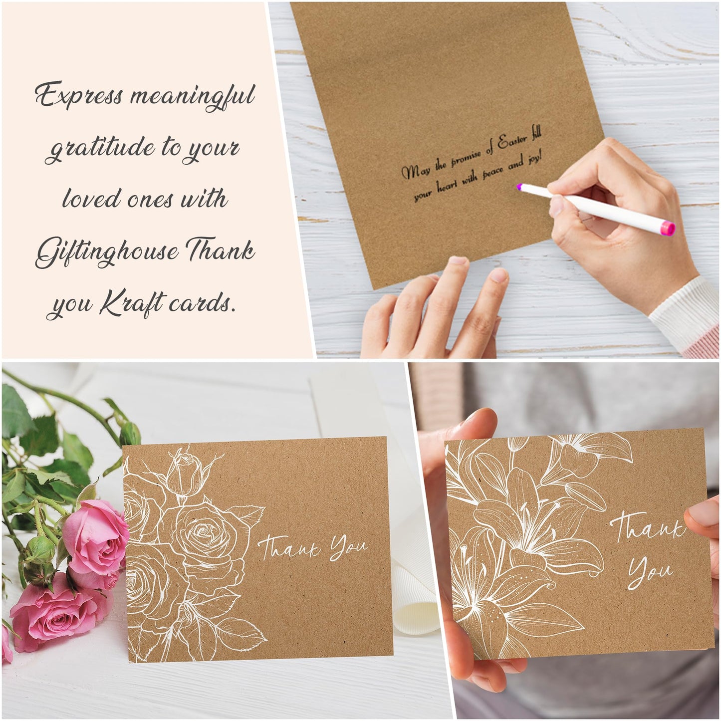 Giftinghouse Thank You Cards Multipack with Envelopes - Pack of 24/36 Kraft Thank You Greeting Cards For Wedding, Teachers, Kids, Christmas - Eco-friendly - MADE IN UK.