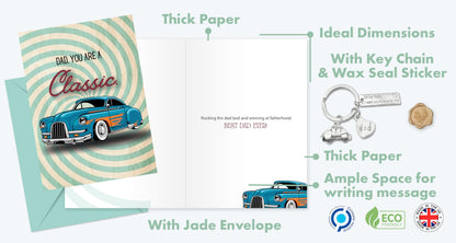 Giftinghouse Father's Day Card with Keyring and Luxury Wax Seal, Happy Fathers Day Card From Son, Daughter - Gift For Dad You're A Classic, Greeting Card from Kids - Made in UK