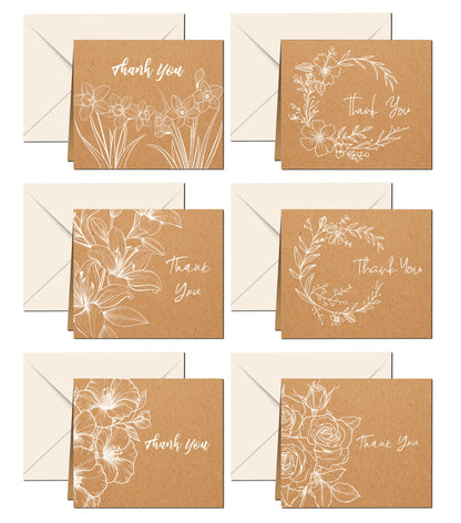 Giftinghouse Thank You Cards Multipack with Envelopes - Pack of 24/36 Kraft Thank You Greeting Cards For Wedding, Teachers, Kids, Christmas - Eco-friendly - MADE IN UK.