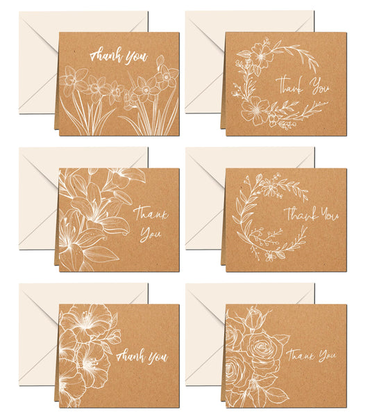 Giftinghouse Thank You Cards Multipack with Envelopes - Pack of 24/36 Kraft Thank You Greeting Cards For Wedding, Teachers, Kids, Christmas - Eco-friendly - MADE IN UK.