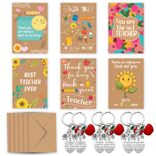 6 Pack Thank You Teacher Gifts for Women & Men – Includes 6 Appreciation Thank You Teacher Cards and Keyrings – End of Year, Leaving, Graduation or Christmas Gifts for Teachers