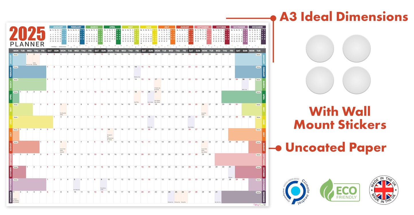 2025 Wall Planner A3 (42 x 29.7cm) - Jan To Dec Full Year Uncoated Wall Planner 2025 UK - Wall Calendar 2025 with mount stickers for home, office and school