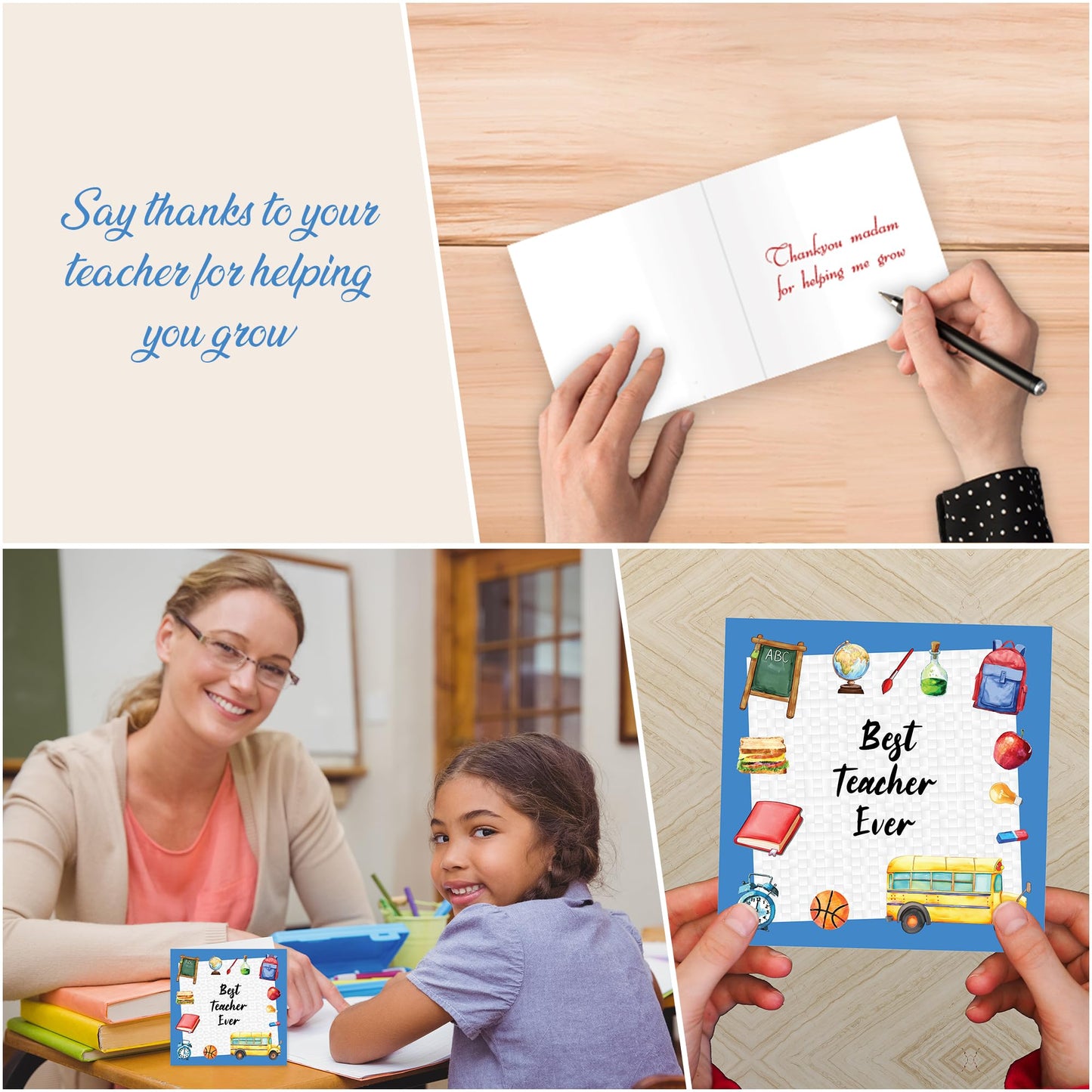 4 Thank You Teacher Cards with Envelope - Teacher Cards for Women and Men Best Teacher Ever - Made in the UK