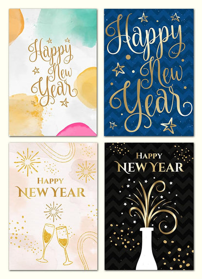 Giftinghouse 12 Happy New Year Cards 2025 packs - Gold Foil Greeting Cards Multipack with White Envelopes - Blank Inside Eco-Friendly Cards Set for friends and family.
