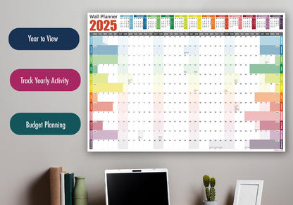 2025 Wall Planner A1 Laminated - Full Year Wall Planner 2025 UK - Wall Calendar 2025 with mount stickers for academic, office, home and school by (59.4 x 84.1 cm) - A1 size.
