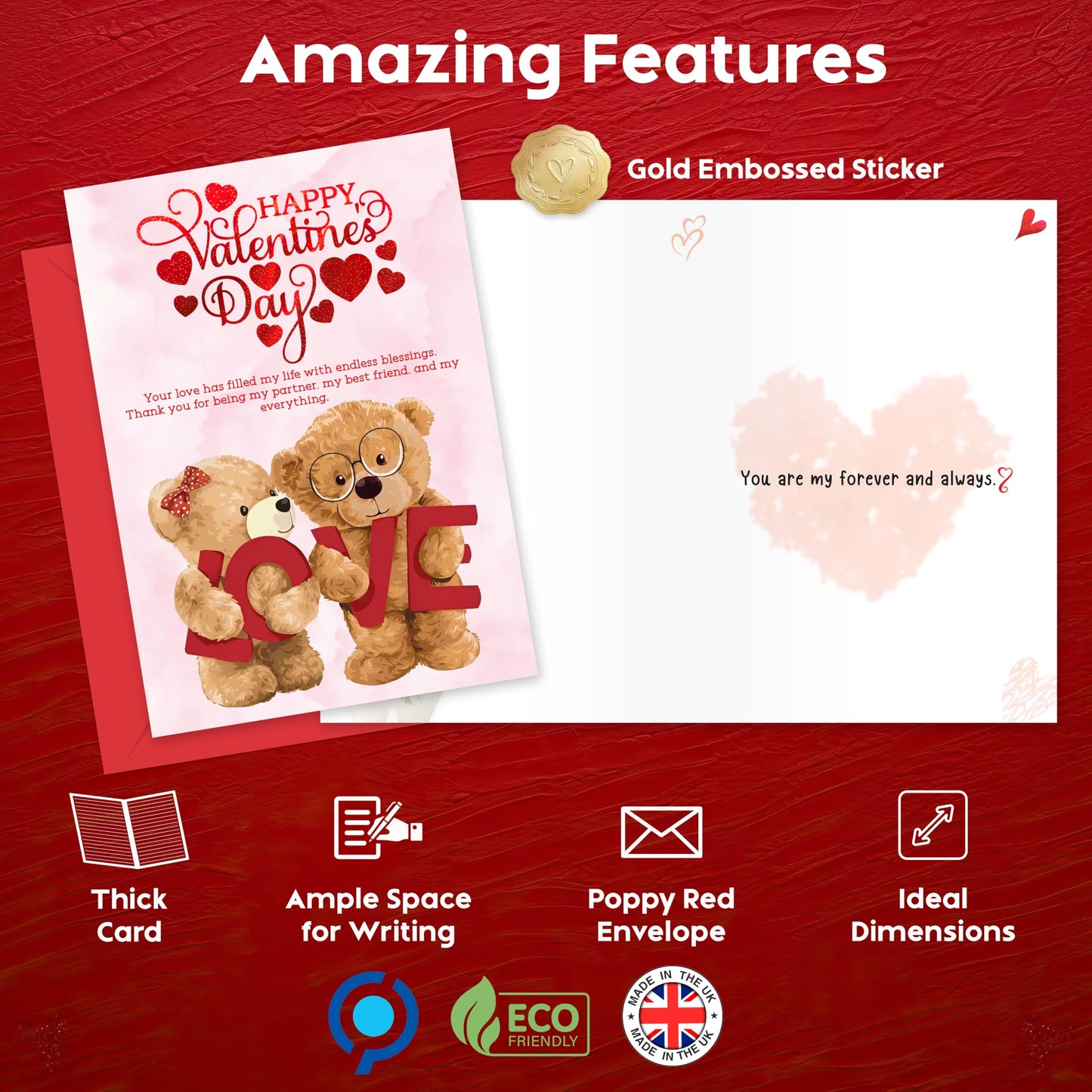 Happy Valentines Day Card – Cute Teddy Bear Design with Romantic Message – Red Foil Large Size card 22 x 15.5 cm – Valentines Card Wife, Valentines Card for Him, Her, Husband, or Fiancé – Premium 350