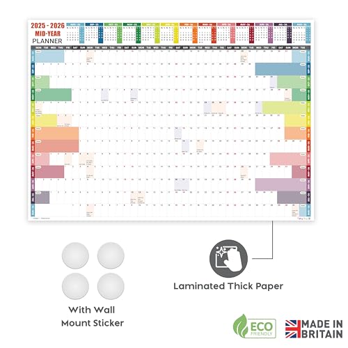 Academic Wall Planner 2025-2026 A2 Laminated – Wall Calendar from August 2025 to August 2026 – (59.4 x 42 cm) – 13 Months Mid Year Wall Planner 25/26 – Marked Holidays – Notes Space – Made in the UK