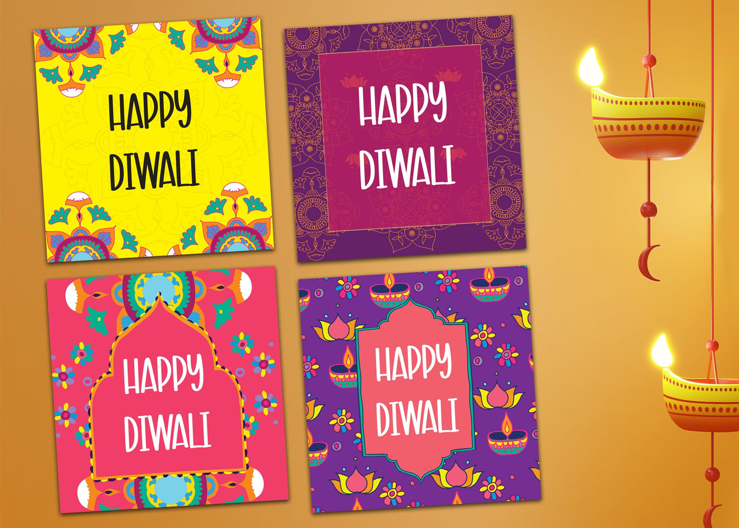 Giftinghouse Premium Diwali Cards 8/16 Multipack with Envelopes - Happy Diwali Cards – Eco-friendly Greeting Cards with Red Envelopes for decorations, family, friends