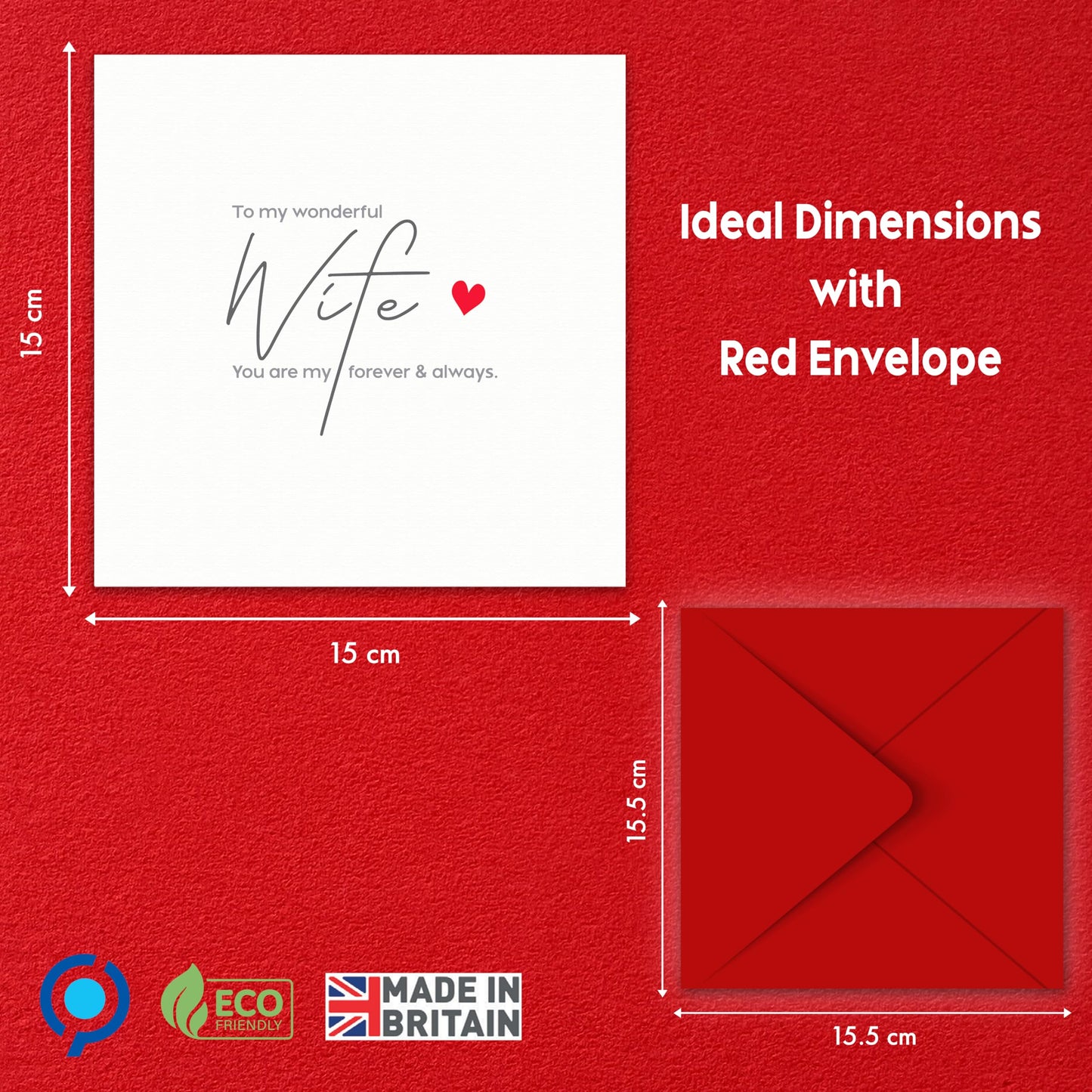 Anniversary Card for Wife – To My Wonderful Wife – Eco-Friendly 15x15cm Ideal Size – Valentines Card for Her – Premium 350 GSM – Made in the UK
