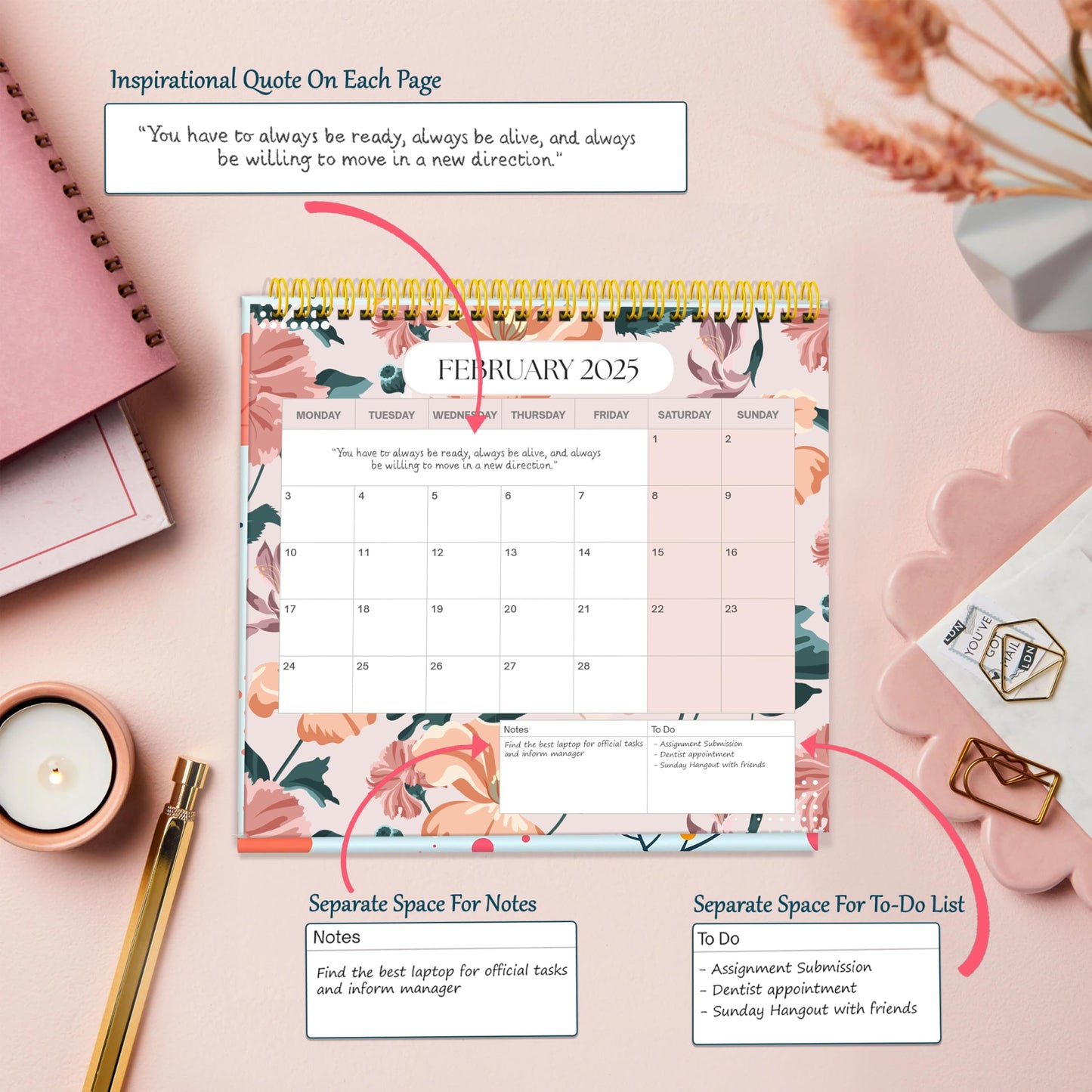 Luxury Desk Calendar 2025-2025 Desk Calendar UK from Jan to Dec. 2025, Month to view desk top flip over calendar with 12 Notes Pages.