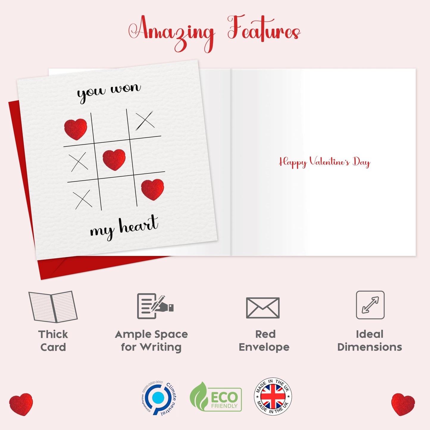 Valentines day card – You Won My Heart – Red Foil Heart Design – Eco-Friendly 150 x 150mm – Perfect Valentines Card for Him, Her, Husband, Wife, or Fiancé – Premium 350 GSM – Made in the UK