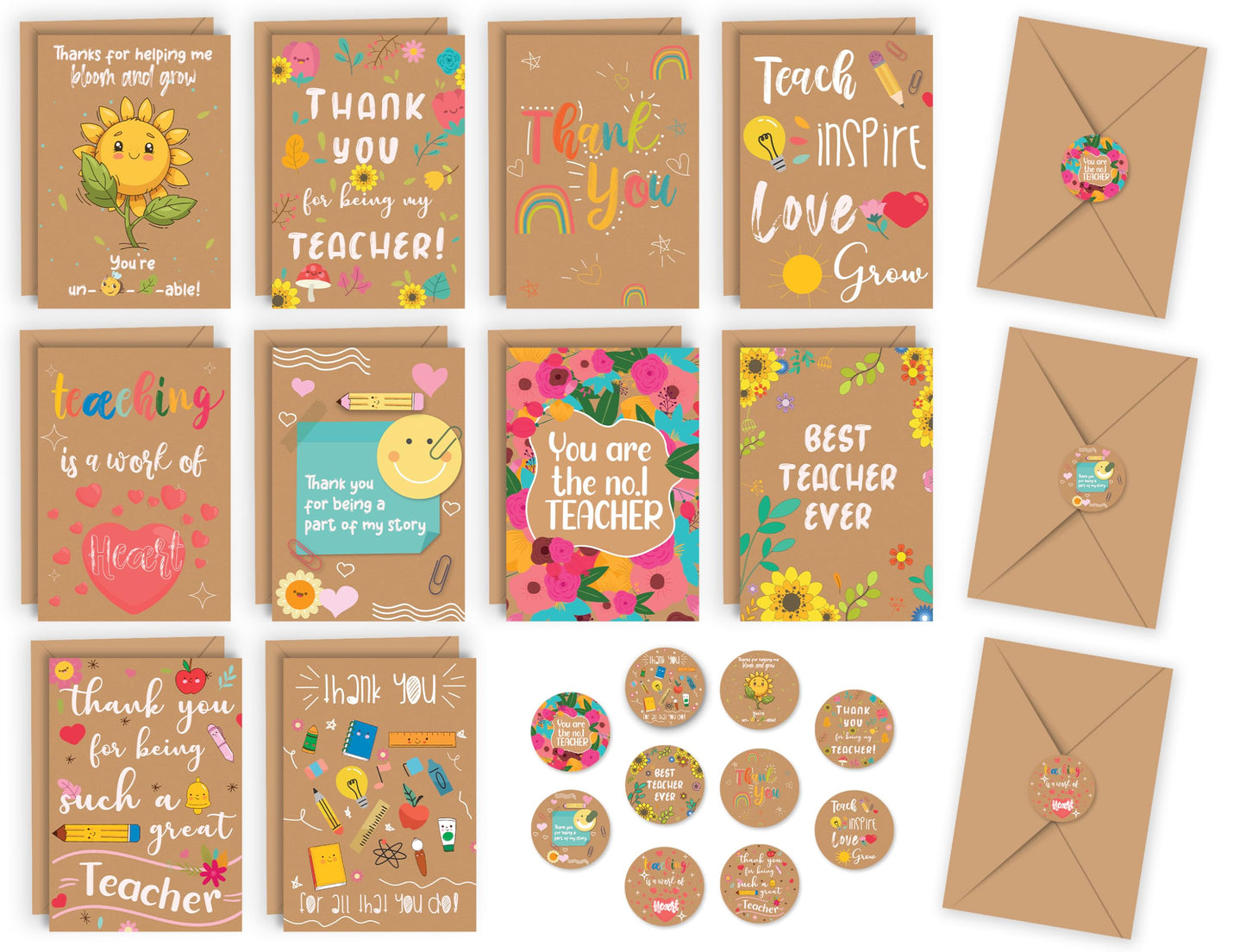 10 Thank You Teacher Cards Multipack with Envelopes and Stickers - 10 Unique Designs of Teacher Thank You Cards for Men and Women – Blank Inside Ecofriendly Teachers Christmas Card - UK.