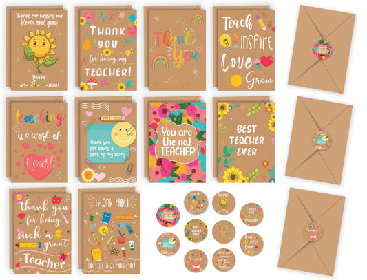 10 Thank You Teacher Cards Multipack with Envelopes and Stickers - 10 Unique Designs of Teacher Thank You Cards for Men and Women – Blank Inside Ecofriendly Teachers Christmas Card - UK.