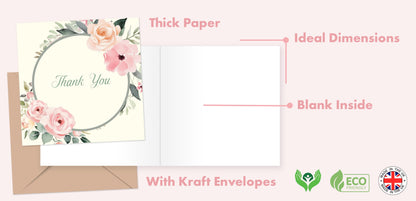 Giftinghouse Thank You Cards Multipack with Envelopes - Pack of 12/24/48 Floral Thank You Greeting Cards For Wedding, Teachers, Kids - Eco-friendly - MADE IN UK.