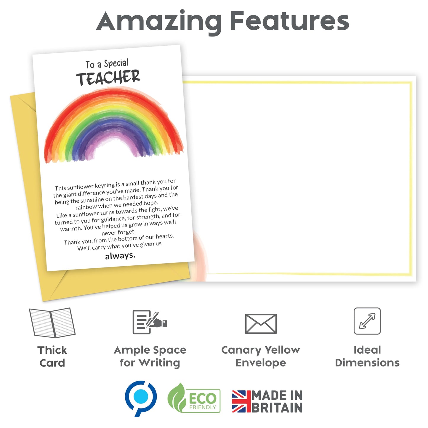 Thank You Teacher Gifts for Women & Men – 3 Pack of Teacher Thank You Card with Sunflower Keyring – End of the year, Leaving, Retirement Gift for Teachers – Rainbow Design – Made in the UK
