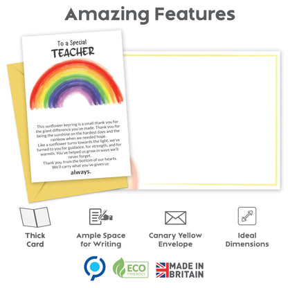 Thank You Teacher Gifts for Women & Men – 3 Pack of Teacher Thank You Card with Sunflower Keyring – End of the year, Leaving, Retirement Gift for Teachers – Rainbow Design – Made in the UK