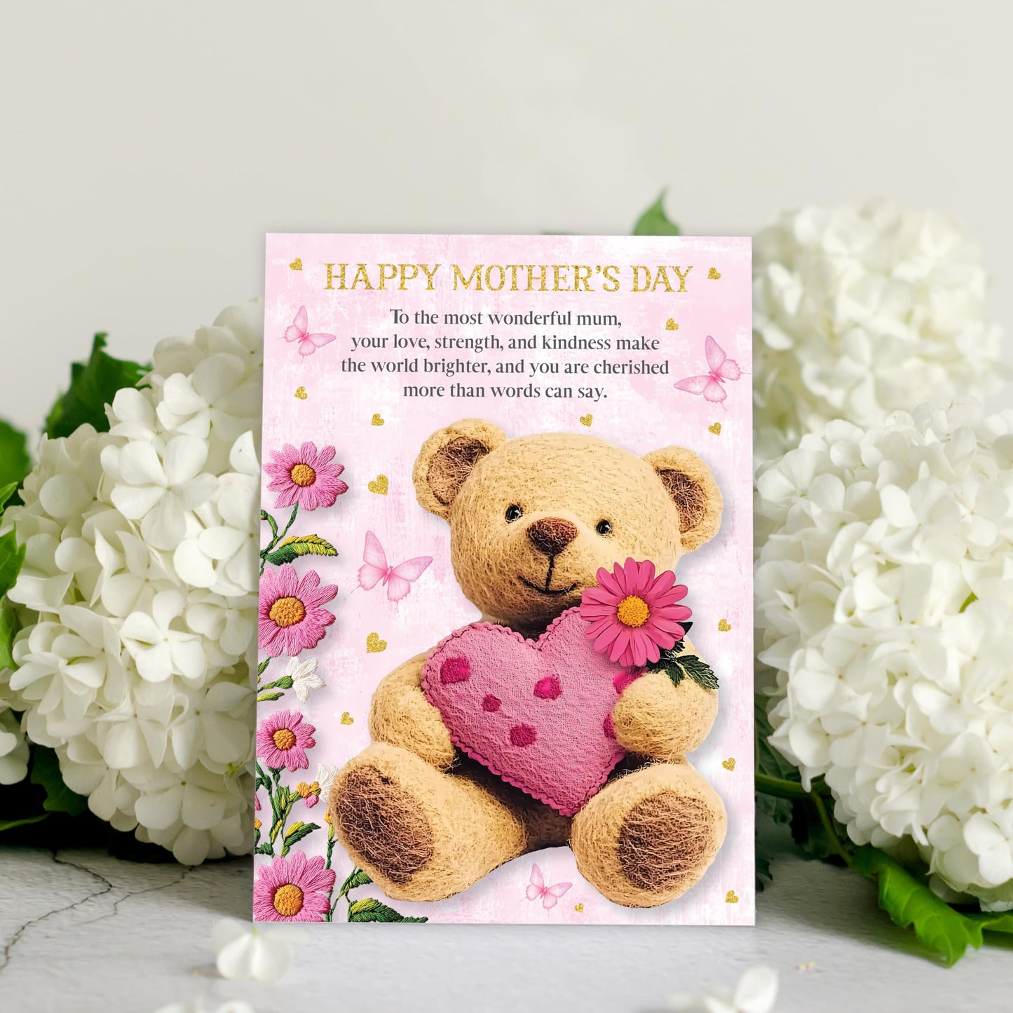 Mothers Day Card for Mum | Gold Foil Cute Teddy Bear Design with Pink Heart | Embossed Sticker & Envelope | Happy Mother’s Day Card from Daughter or Son | 22x15.5 cm | Eco-Friendly 350 GSM