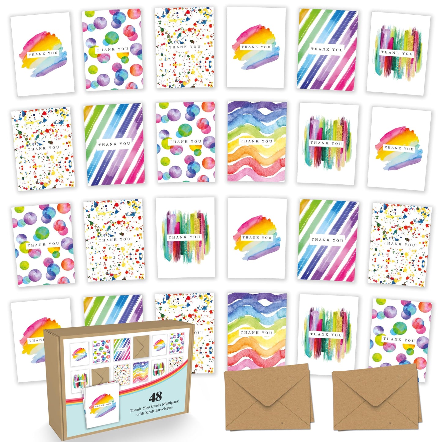 Giftinghouse 48 Thank You Cards Multipack with Envelopes - Watercolour design - Greeting cards for Teachers, weddings, and kids - Fully recyclable and Eco-friendly card