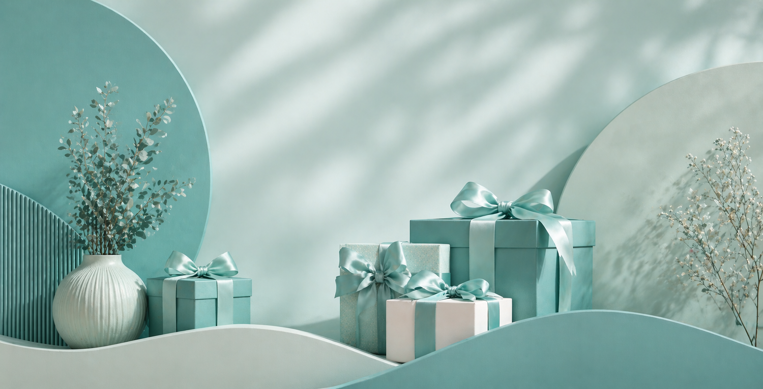 Decorative scene with turquoise gift boxes and a vase on a light blue background