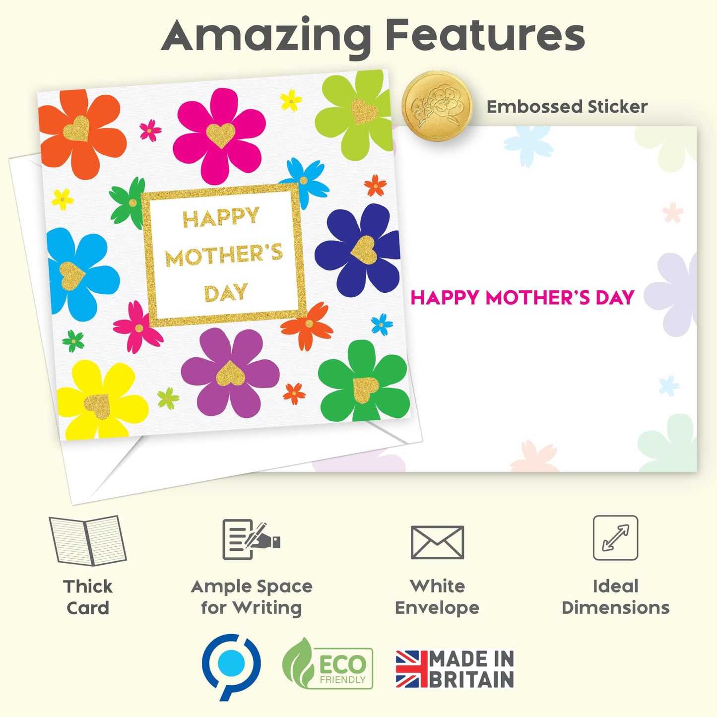Mothers Day Card for Mum | Gold Foiling with Floral Petal Design, Embossed Sticker & Envelope | Happy Mother’s Day Card from Son or Daughter | 15x15 cm – Eco-Friendly 350 GSM - Made in the UK