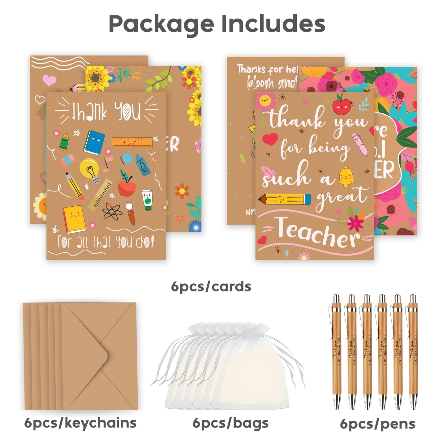 6 Pack Thank You Teacher Gifts for Women & Men – Includes 6 Appreciation Thank You Teacher Cards with Bamboo Pens and Gift Bags – End of Year, Leaving, Graduation or Christmas Gifts for Teachers