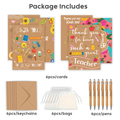 6 Pack Thank You Teacher Gifts for Women & Men – Includes 6 Appreciation Thank You Teacher Cards with Bamboo Pens and Gift Bags – End of Year, Leaving, Graduation or Christmas Gifts for Teachers
