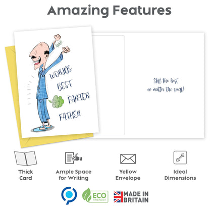 Funny Fathers Day Card from Son or Daughter – “World’s Best Farter” Joke – Humorous Dad Birthday Card – 18x13cm Size with Inside Message – Made in the UK