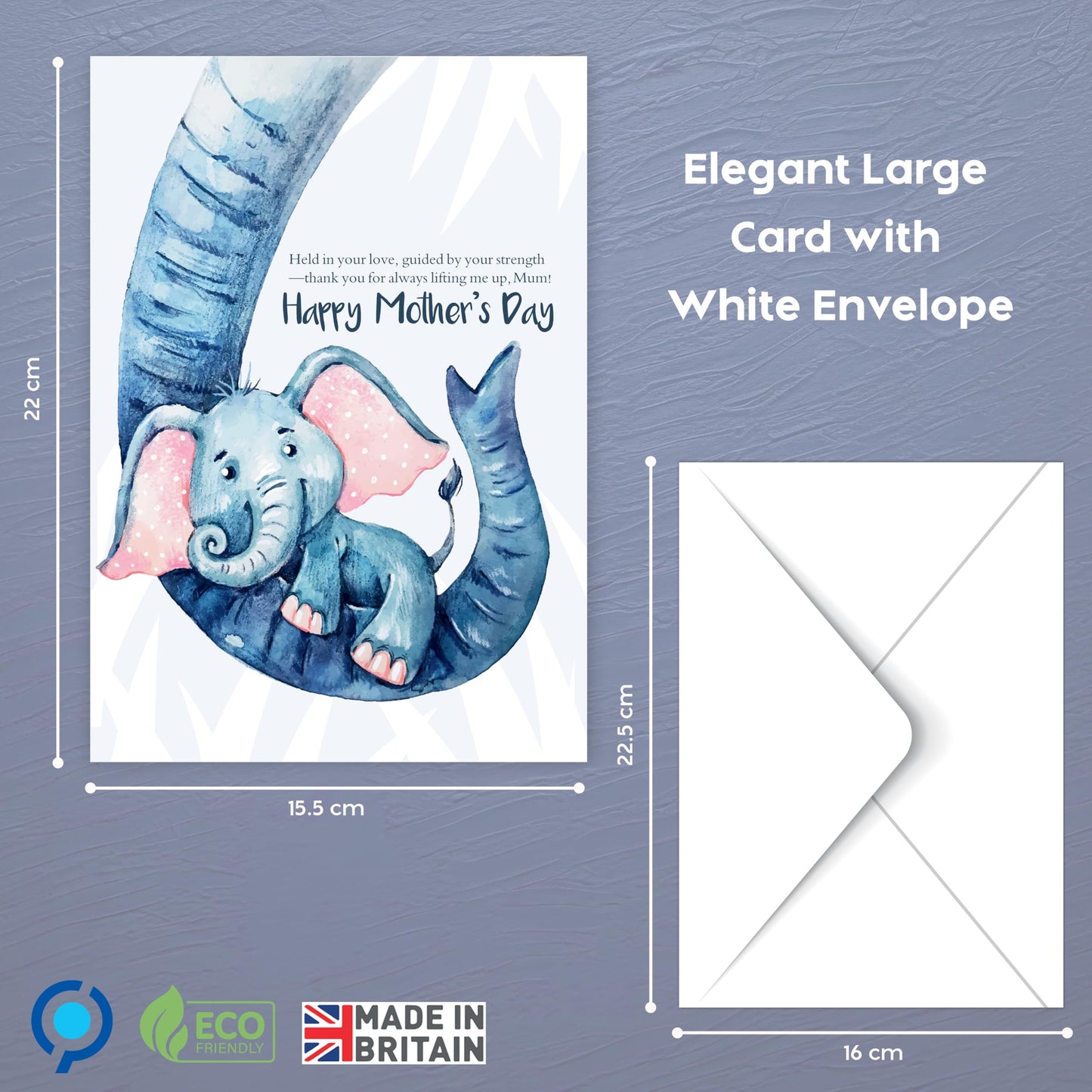 Mothers Day Card for Mum with Envelope | Cute Elephant Design | Happy Mother’s Day Card from Daughter or Son | 22x15.5 cm – Eco-Friendly 350 GSM - Made in the UK