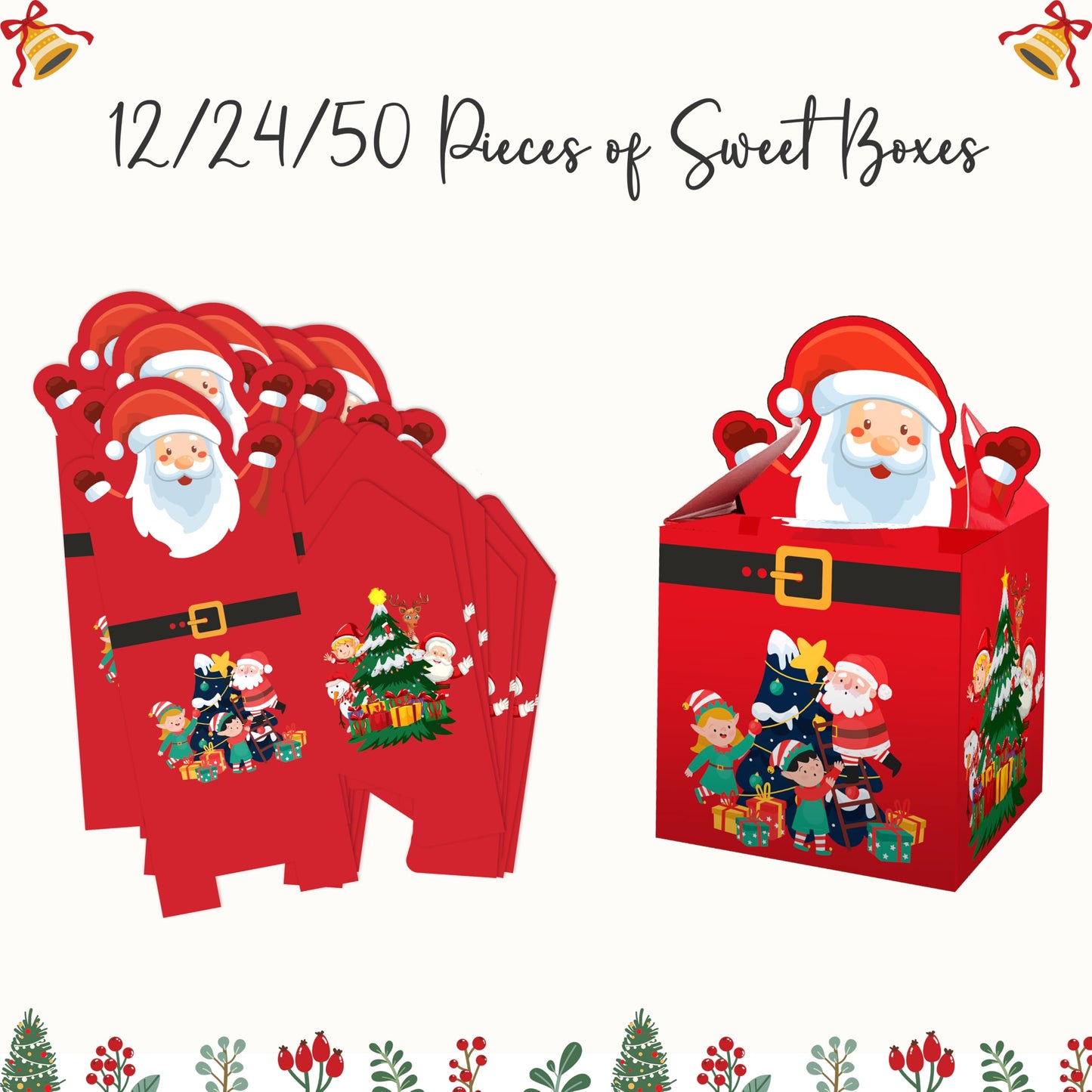 Giftinghouse Christmas sweet boxes empty for gifts -12/24/50 pcs - Christmas Treat presents - candy cupcake cookie – Large DIY Party Favor- Santa Claus boxes for decoration