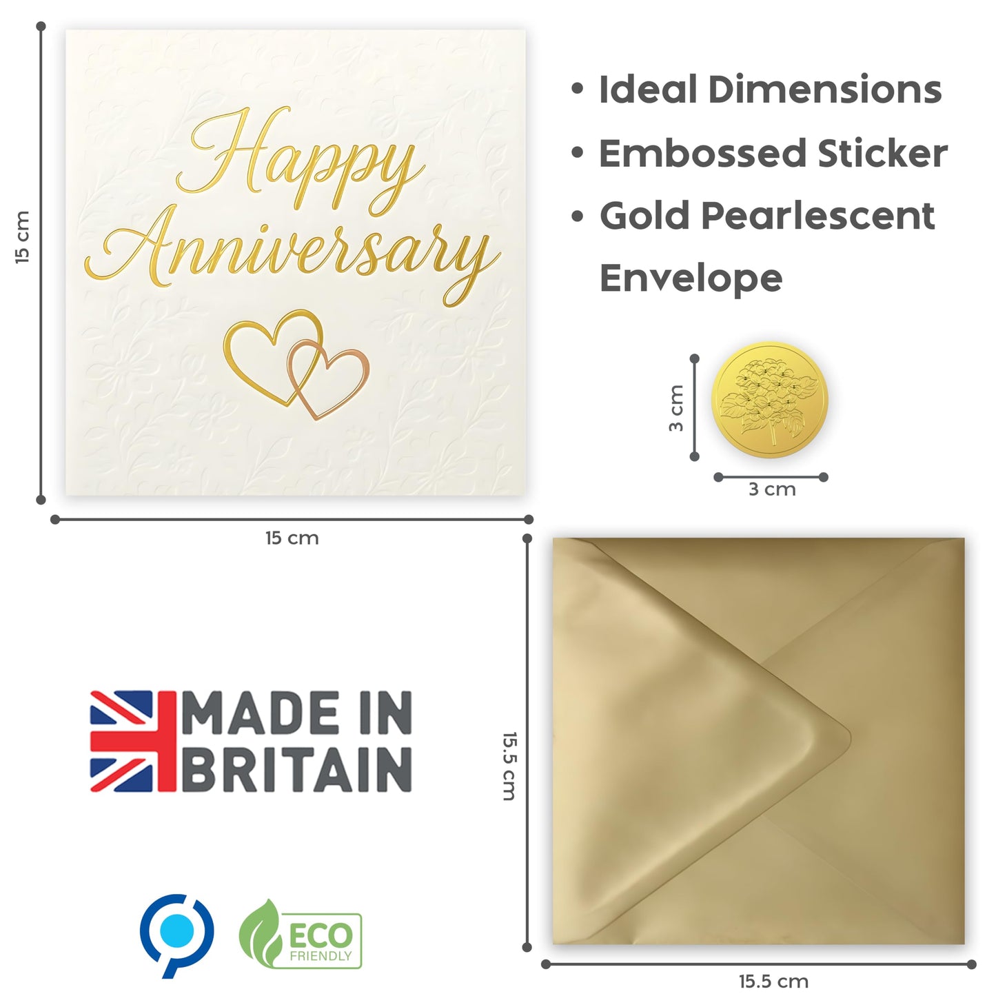 Happy Anniversary Card – Gold Foil Embossed Design with Sticker – Wedding Anniversary Card for Husband, Wife, Him, Her, Mum, Dad & Couples – 15x15 cm – Made in the UK