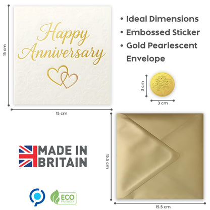 Happy Anniversary Card – Gold Foil Embossed Design with Sticker – Wedding Anniversary Card for Husband, Wife, Him, Her, Mum, Dad & Couples – 15x15 cm – Made in the UK