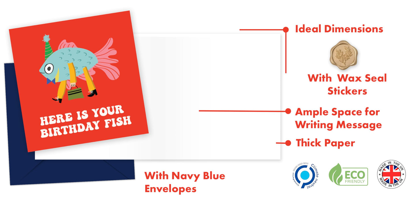Friend Birthday Card Female with Premium Wax Seal - Here is Your Birthday Fish - Sister Birthday Card - Greeting Card for Women, Men, Son, Daughter, Wife, and Husband